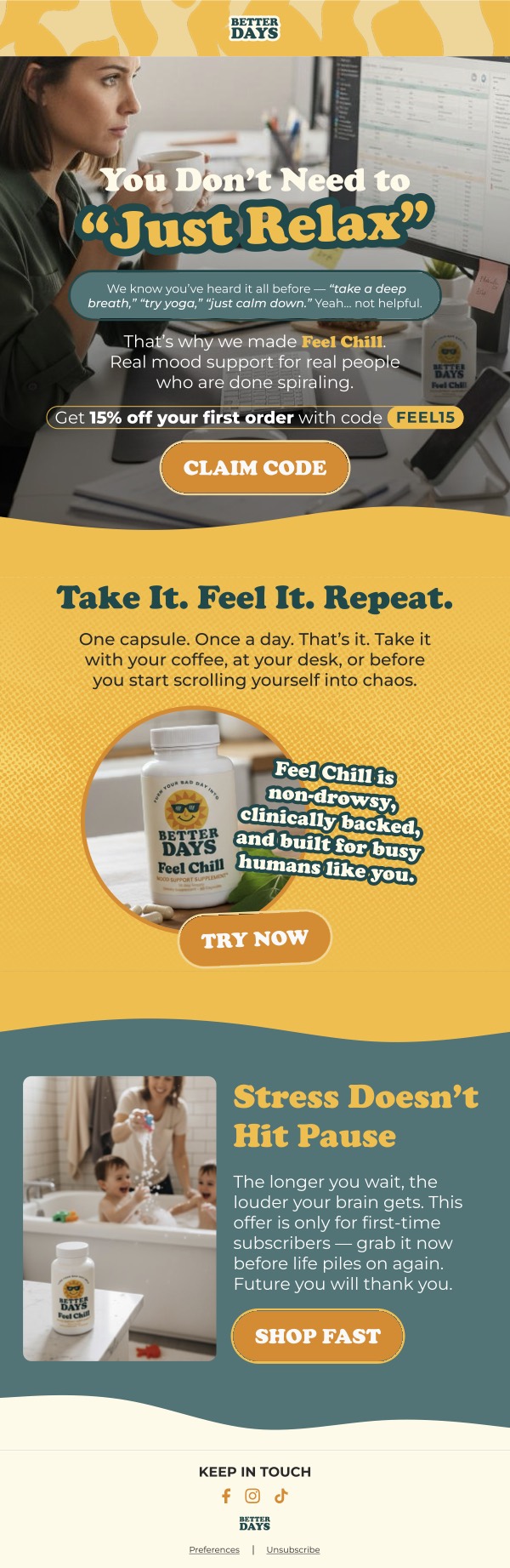Email design for Better Days, launching their Feel Chill mood-support supplement