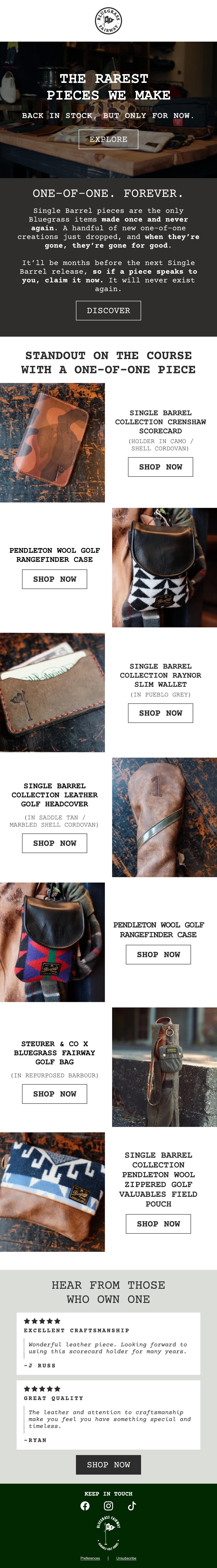 Single Barrel one-of-one drop email for Bluegrass Fairway