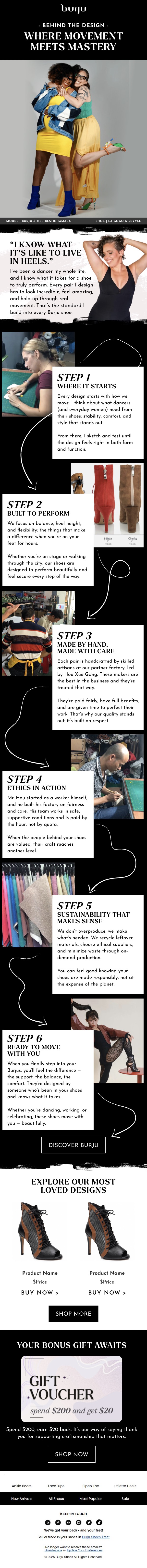 Behind the Design brand story email for Burju Shoes